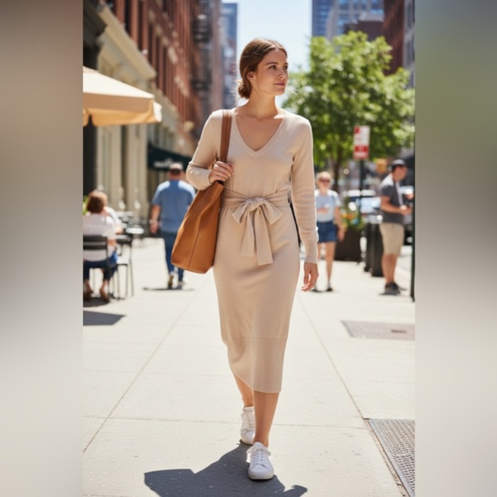 Thakoon Cream Long Sleeve Wrap Tie Sweater Dress